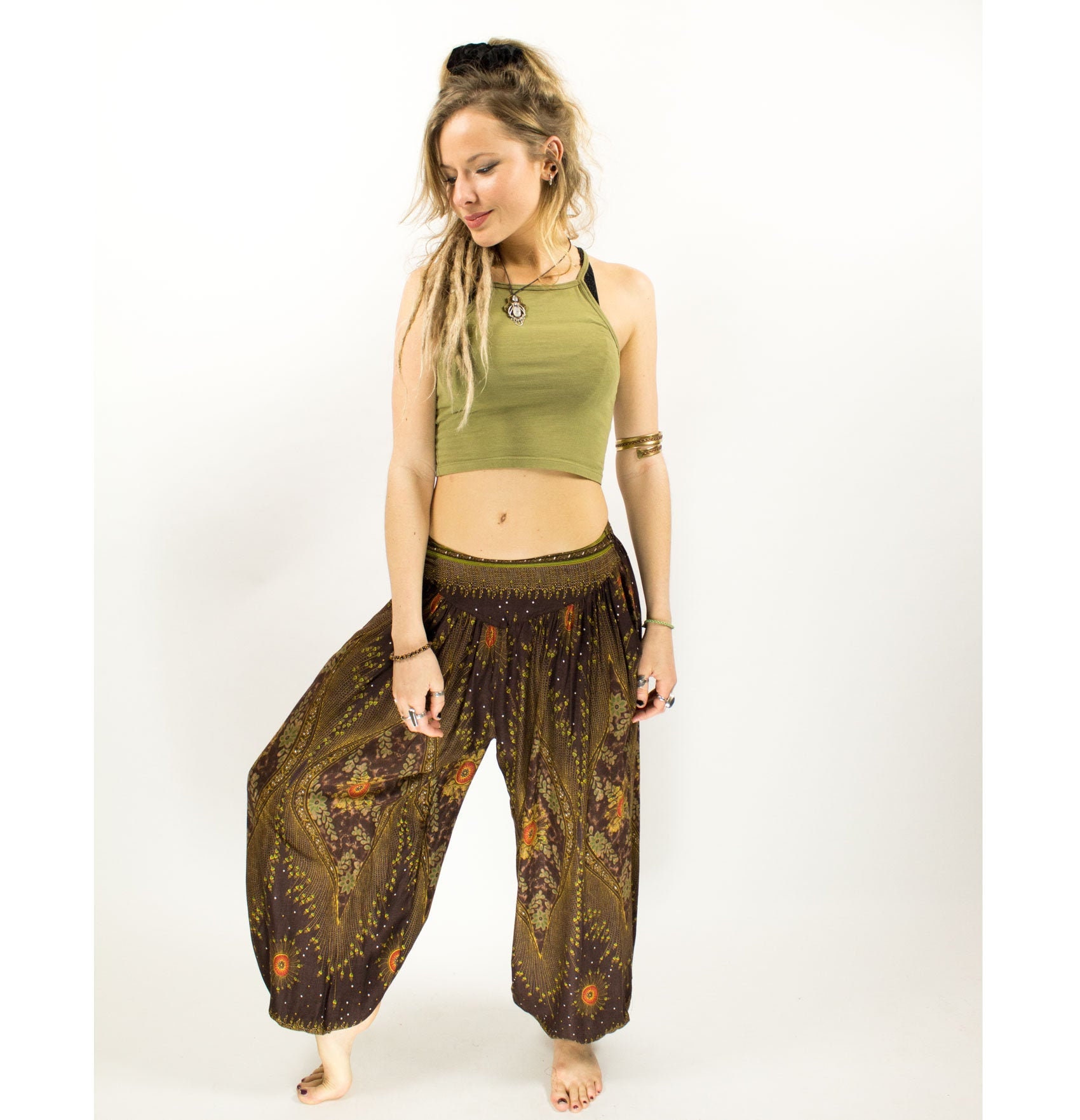 Image of Boho Peacock Paisley Brown Hippie Yoga Harem Pants
