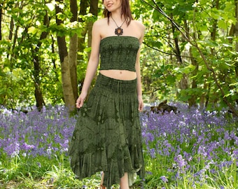 Green Paisley Pixie Ruffle Midi Skirt, Whimsical Fairy Skirt