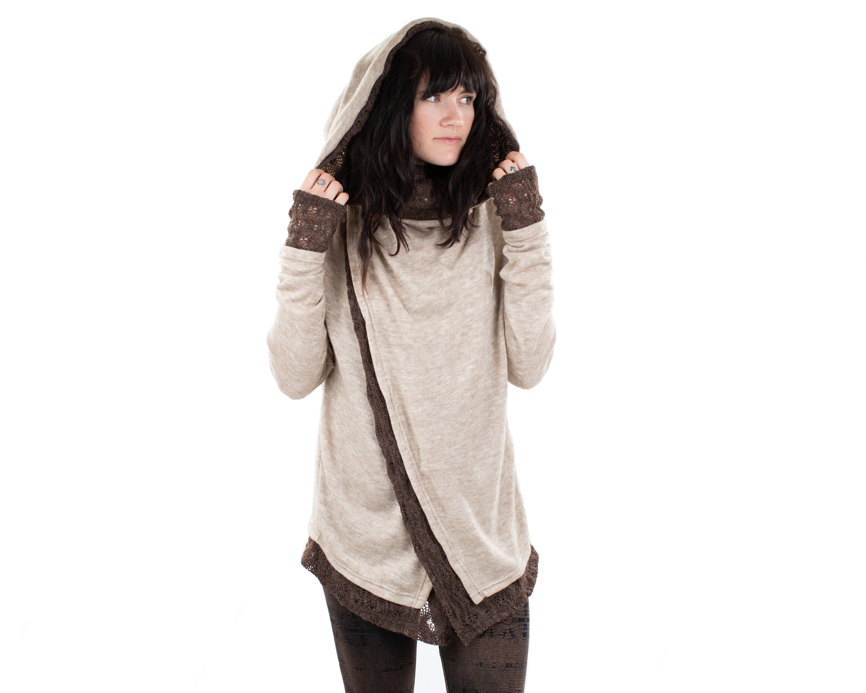 Image of Beige Brown Lace Crochet Hooded Hippie Cardigan, Psy Trance Jacket, Boho Knitted Wap