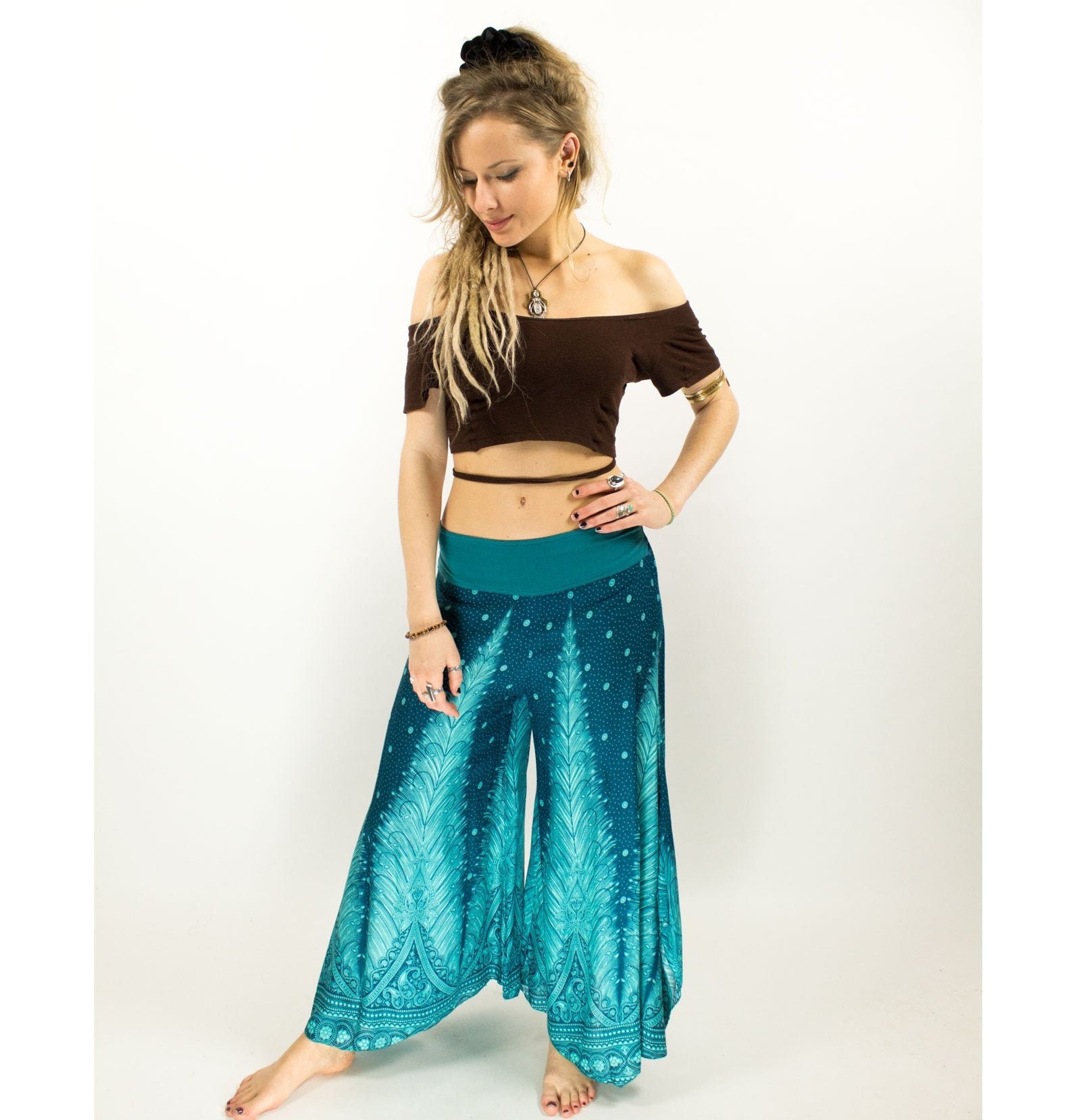 Image of Feather Palazzo Pants, Boho Yoga Hippie Harem Culottes