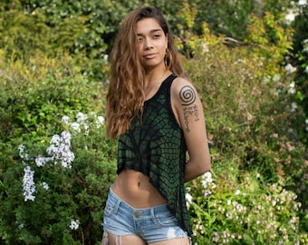 Green Tree Of Life Roots Fractal Tie Dye Asymmetric Crop Top Boho Psy Trance Yoga Top