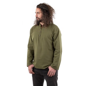 Khaki Hippie Collarless 100% Cotton Long Sleeved Shirt Ethnic Mens Shirt