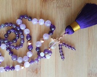 Amethystmala "golden violet" promotes intuition* Healing stone necklace long* 108 beads with rose gold-plated 925 sterling silver elements