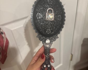 Gothic black and gunmetal handmade embellished hand Mirror
