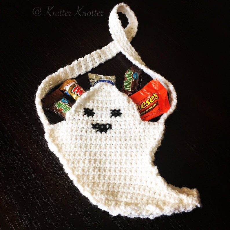 Ghost Treat Bag crochet pattern listing photo by KnitterKnotterDesign