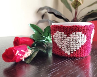 Valentine's Mug Cozy | Easy Crochet Pattern | PDF | Tunisian Crochet | Handmade Gift | Beginner Friendly | Instant Download