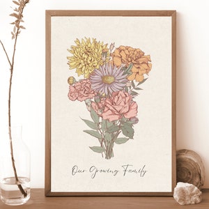Birth flower Family Bouquet, Our Growing Family Wildflower Bouquet, Custom Personalized Digital Download Print