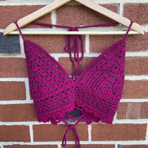 Very Berry Crochet Bralette Top – Handmade, Size Small, Boho Festival Crop Top, Summer Halter, Cotton Beachwear, Gift for Her