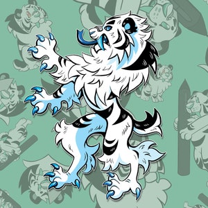 Puede incluir: Un tigre blanco y negro con detalles azules se representa en un estilo heráldico, de pie sobre sus patas traseras con las patas delanteras levantadas. El tigre tiene una expresión feroz y una melena larga y fluida.