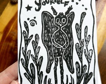 Mothman Believe in Yourself Linoprint Art – Hand-Pulled Cryptid Linocut Print (4x6 or 5x7)