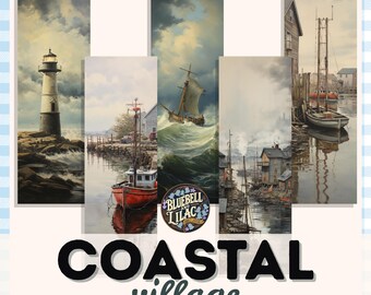 Rustic Coastal Village Bookmarks – 1800s Maritime Art Printables – Summer Reading Accessories – Print at Home Bookmarks Gift