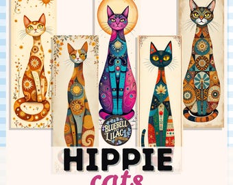 Segnalibri Patchwork Hippie Cat - Arte con gatti ispirata a Paisley e Natura - Segnalibri stampabili carini - Regalo dell'ultimo minuto per gli amanti dei libri