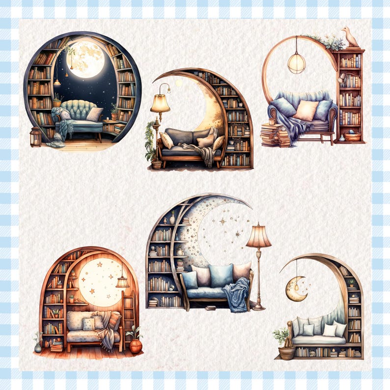 Moon Book Nook Clip Art | Watercolor Crescent Moon Library Graphics ...