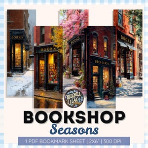 Bookshop Seasons Bookmark Set — Cozy Vintage Bookstore Art for Winter, Spring, Summer & Autumn — Seasonal Bookmarks for Readers