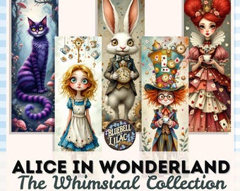 Alice in Wonderland Bookmarks – Printable Set with Hatter, Rabbit, Cheshire Cat & Red Queen – Whimsical Fantasy Gift for Book Lovers