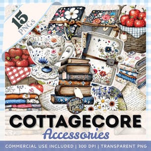 Grillige Cottagecore-clipart – 15 gezellige png-bestanden – quilts, theekopjes, bloemen, boeken, tijdschriften en enveloppen – doodle-stijl – commercieel gebruik