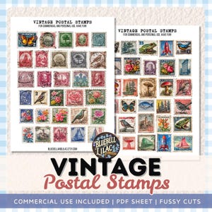 Reproduktion KUNST Vintage Briefmarken - Junk Journal Ephemera Fussy Cut PDF - Kommerzielle Nutzung erlaubt - Junk Journal Collage Sheet