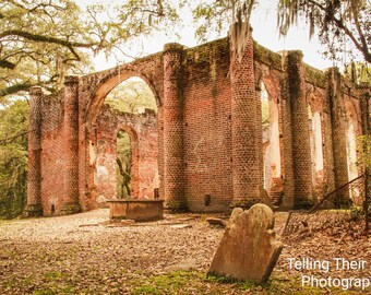 Old Sheldon Church Burnt brick ruins tombstone photographic print historic Beaufort SC