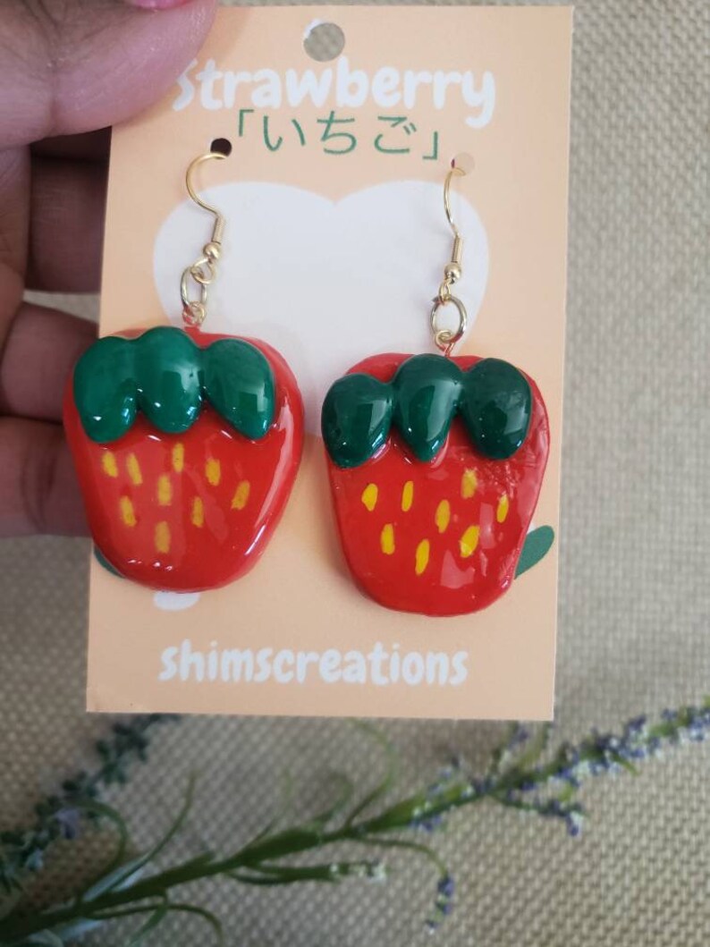 Handmade Strawberry Earrings Fruit Earrings Polymer Clay Kawaii earrings Red Strawberry