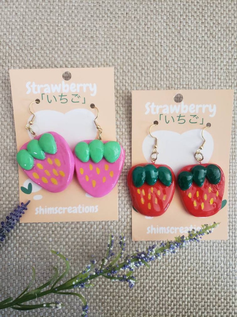 Handmade Strawberry Earrings Fruit Earrings Polymer Clay Kawaii earrings image 1
