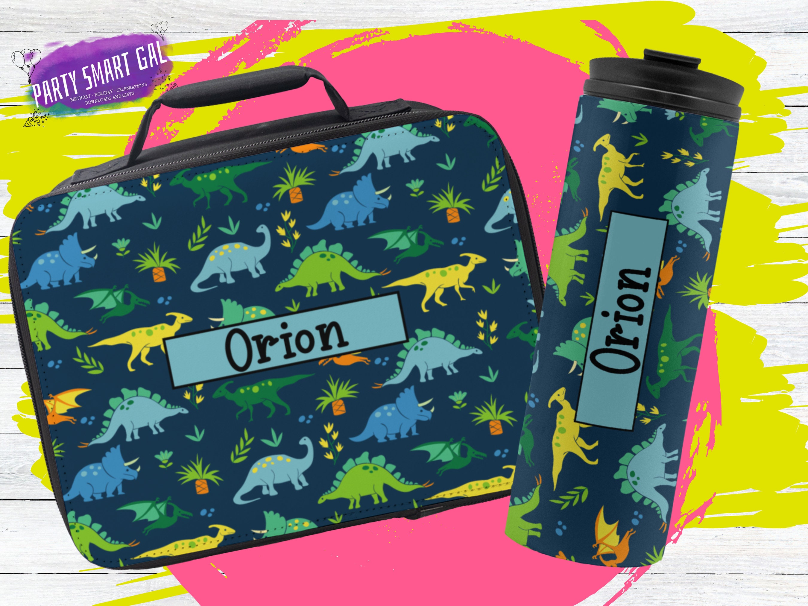 PERSONALISED Lunch Bag DINOSAUR Insulated BLUE School Kids Lunch Box Snack KS70 