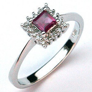 May include: A silver ring with a square-shaped pink gemstone surrounded by smaller clear gemstones.