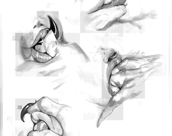 May include: A grayscale illustration featuring four distinct panels. Each panel depicts a hand or claw in various poses, with a focus on the details of the fingers and nails. The artwork has a sketch-like quality, with shading and highlights.