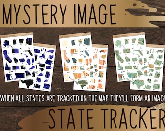 May include: Three sheets of stickers featuring outlines of all 50 US states. Each sheet has a different color scheme: blue, orange and green. The text "MYSTERY IMAGE" and "STATE TRACKER" is at the top of the image. The text "WHEN ALL STATES ARE TRACKED ON THE MAP THEY'LL FORM AN IMAGE" is below the stickers.