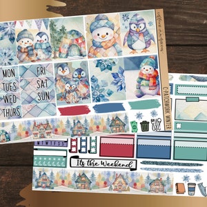 May include: A set of winter-themed planner stickers featuring penguins, snowmen, and houses. The stickers are in a patchwork style with blue, red, and green colors. The text "C-PATCHWORK WINTER" and "caffeiné queens" is included on the stickers.