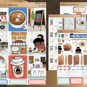 May include: A sheet of planner stickers with a coffee theme. The stickers feature illustrations of coffee cups, coffee shops, and the text "Caffeine & Queens." The color palette includes brown, beige, and blue.