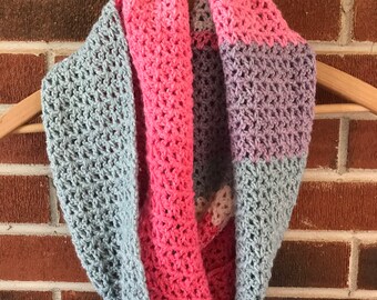 Infinity scarf, pink/purple/blue/gray, handmade crochet