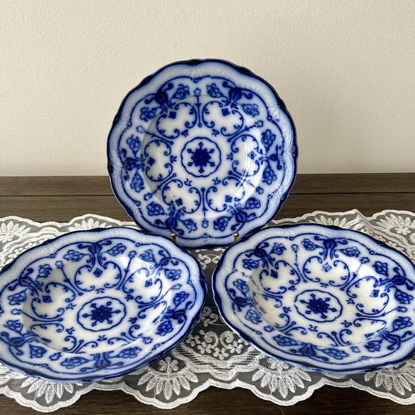 Antique Flow Blue Soup Plates. Conway Pattern by New Wharf Pottery. Set of 3.