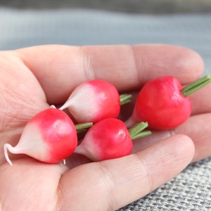 May include: A hand holding four small red radishes with green stems. The radishes are arranged in a cluster, with the white ends facing up.