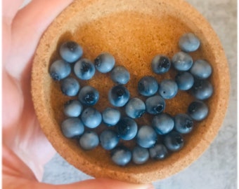 May include: A close-up of a small, round, brown pastry crust filled with a cluster of dark blue blueberries.