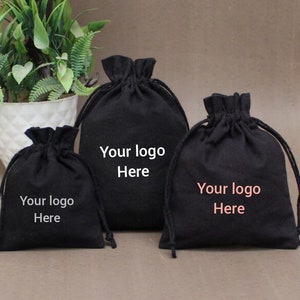 100 sacs à cordon en coton noir, petit sac en coton, sacs à logo noir personnalisés, sacs de faveur, pochette logo, sac à bijoux, sacs à monnaie, taille personnalisée