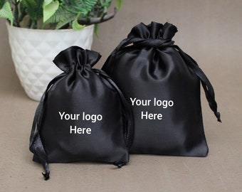 100 Bolsa con cordón de satén negro, bolsa de satén pequeña, bolsa de satén personalizada, bolsa de logotipo de satén personalizada, bolsa de regalo, bolsa de joyería, bolsa de logotipo, bolsas de logotipo