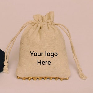 100 natural cotton bags with gold color lace, beige color bags, custom logo bags, cotton logo bags, cotton pouches, logo pouches, favor bags