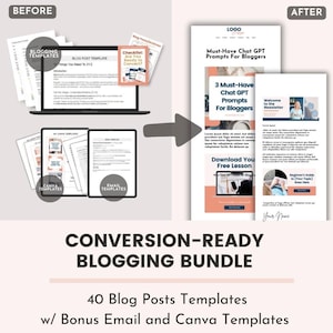 Può includere: Un'immagine prima e dopo che mostra come creare un pacchetto di blog pronto per la conversione. L'immagine prima mostra uno schermo di laptop con un modello di post del blog, una checklist e modelli Canva ed e-mail. L'immagine dopo mostra un sito web con un post del blog su prompt di Chat GPT per blogger, un download gratuito di lezioni e un'iscrizione alla newsletter. Il testo "Conversion-Ready Blogging Bundle" è visualizzato sotto le immagini. Il testo "40 modelli di post del blog con modelli di e-mail e Canva bonus" è visualizzato sotto il testo "Conversion-Ready Blogging Bundle".