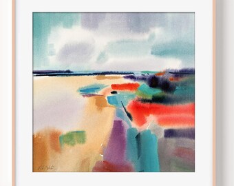 Colors of the Bay, 10"x10" Original Hand-painted Watercolor Landscape, Colorful Bright Coastal Themed Abstract Modern Art
