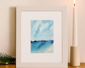 Original 5"x7" Small Hand-painted Watercolor Abstract Art in Minimalistic Style, Coastal Beach Theme