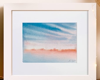 Sunrise, 6"x8" Original Hand-painted 6"x8" Watercolor abstract Gulf Coast Landscape Art, Blue and Pink Beach Themed Painting