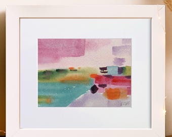 Happy place, 6"x8" Original Hand-painted Watercolor Landscape, Small Colorful Modern Art