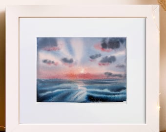 Sunset, 6"x8" Original Hand-painted Watercolor Abstract Landscape Art, Small Realistic Beach Coastal Painting
