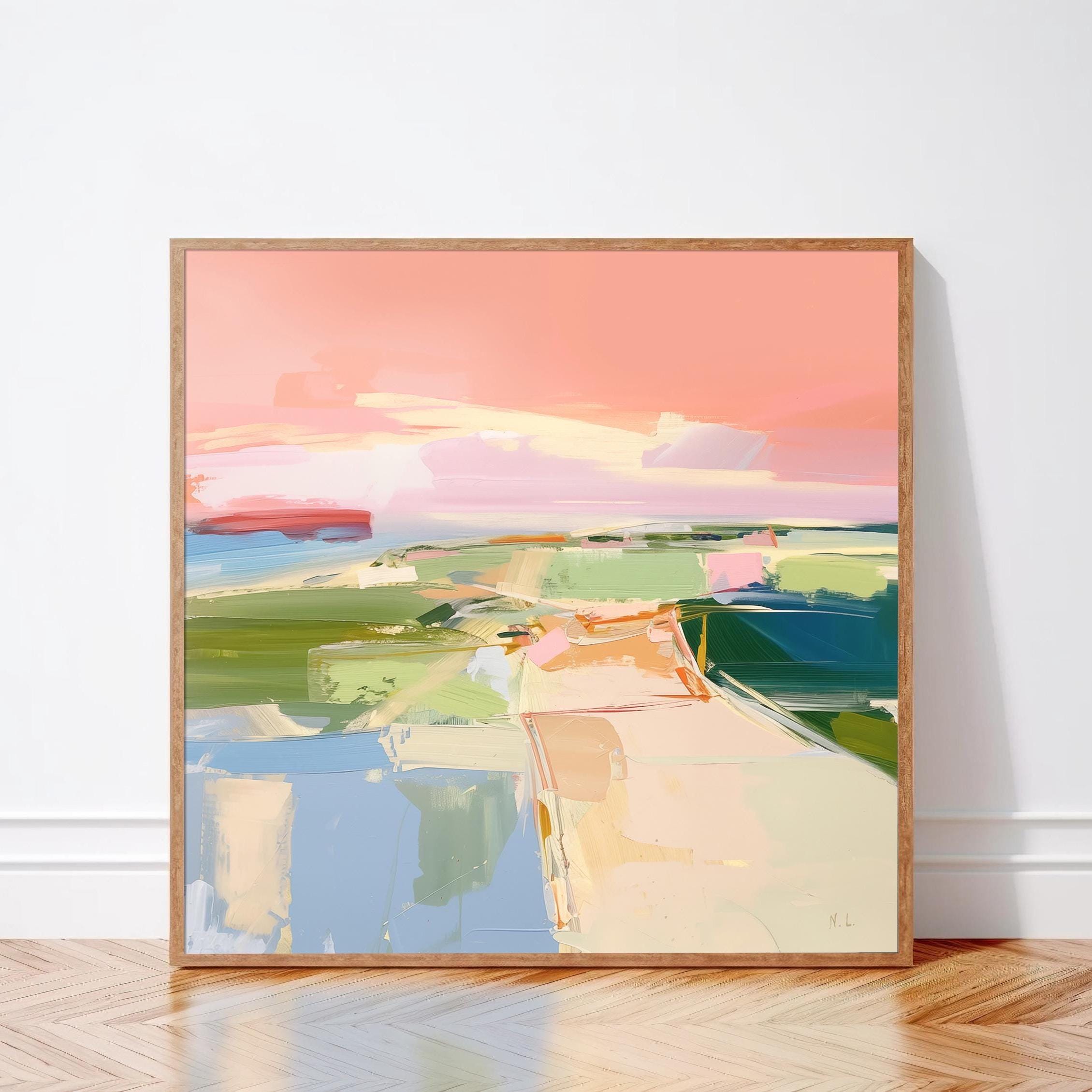Sunset Contemporary Abstract Landscape | Canvas Art Print | Modern Pink Landscape Wall Art | Large Square Framed Canvas Print | Colorful Art
