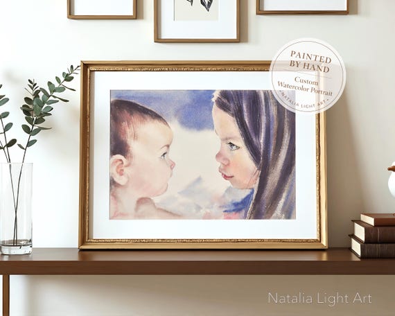 Hand-Painted Custom Watercolor Portrait from Photo, Original Personalized Family Painting