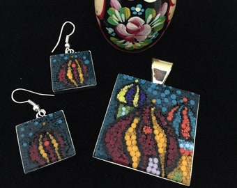 Micromosaic jewelry.Pendant and earring.Russian style.Smalti filati.Jewelry set.Handmade.Ready for gift giving