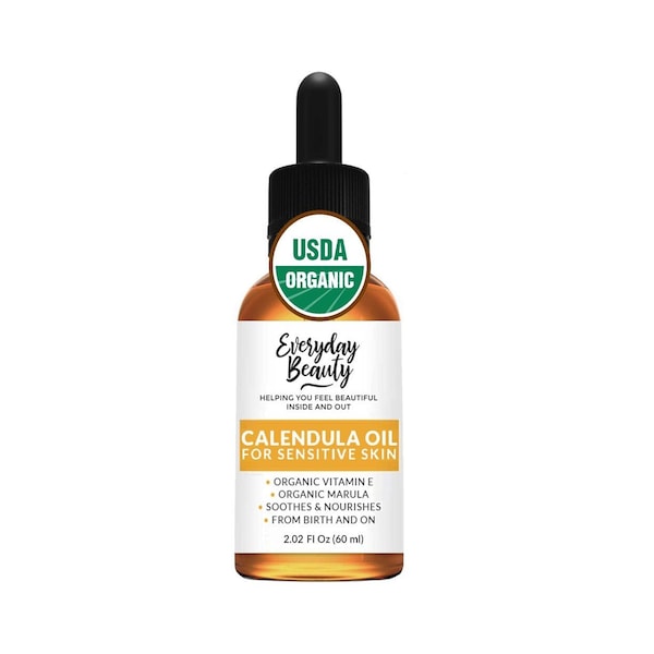 Organic Calendula Oil For Sensitive Skin - USDA Certified 100% Plant Based - For Face, Skin and All Over - 2.02 Fl Oz Glass Bottle & Dropper