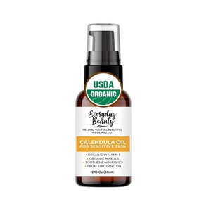 Organic Calendula Oil For Sensitive Skin - 2 Fl Oz Pump Top - USDA Certified 100% All Natural Plant Based - For Face, Skin, and All Over