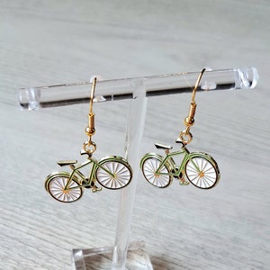 Green bicycle earrings, gold plated earrings. Handmade earrings, fairycore earrings, cute gift woman girl kidcore bicycle jewelry cute gift