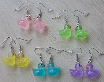 Cute glitter duck earrings, rubber duck earrings silver plated earrings. Funny colored kawaii earrings plastic yellow duck earrings gift DIY